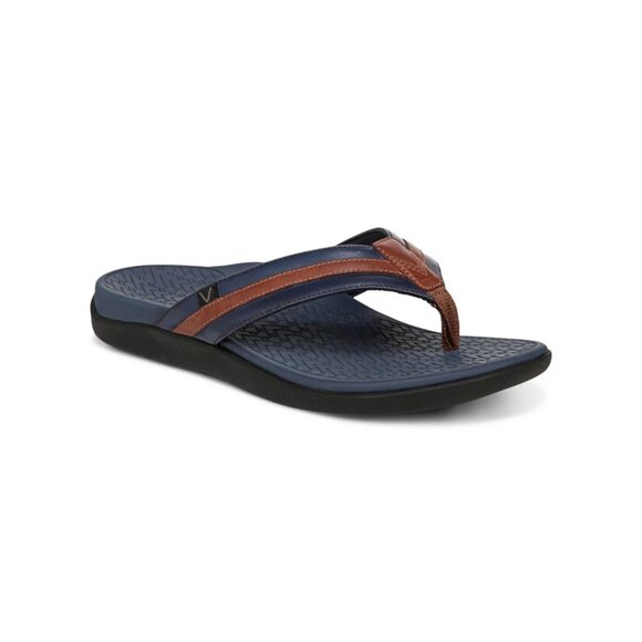 Vionic Men\'s Tide II Toe Post Sandal Navy Brown Color NWT